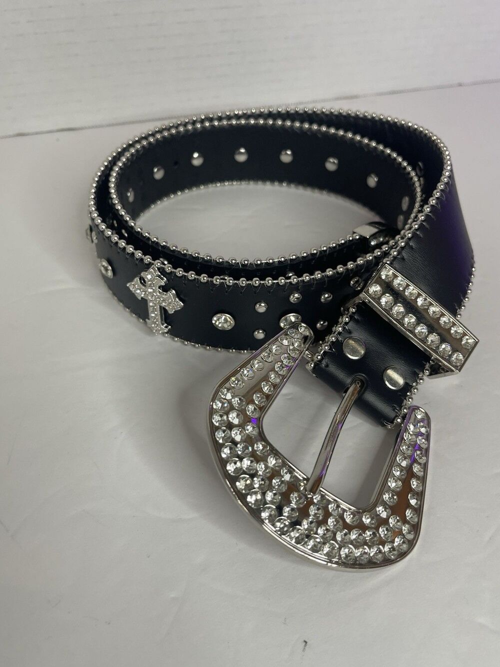 Y2K Faux Leather Black Studded Rhinestone Cross Women's Belt 36"